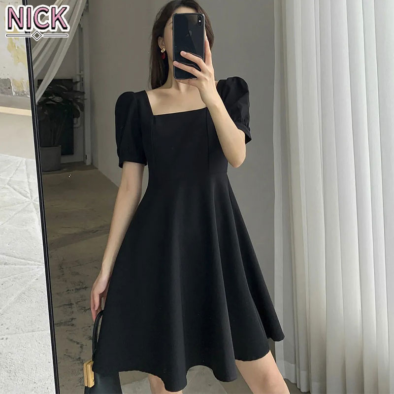 Nick đầm cho nữ, đầm mùa hè mới, đầm midi cổ vuông retro