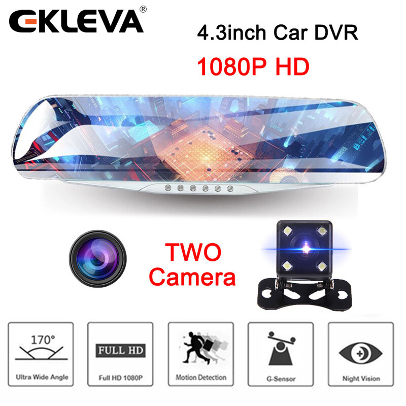 EKLEVA Gương Ghi Hình Xe Hơi Camera Hành Trình 4.3 P Full HD 1080 Inch Ống Kính Kép Cảm Biến G Tầm Nhìn Ban Đêm Với 6 Đèn Led Xe Dash Máy Ảnh