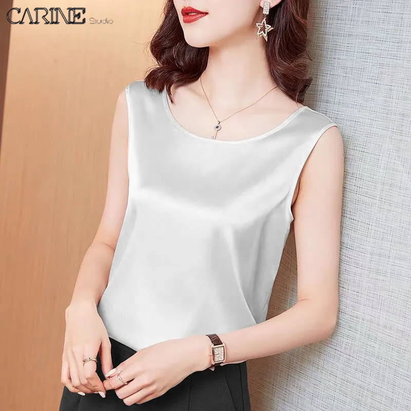 (M-4XL)CARINE 2023 Áo Vest Nữ Mùa Hè Áo Sát Nách Thường Ngày Phong Cách Thanh Lịch Vải Satin Áo Vest