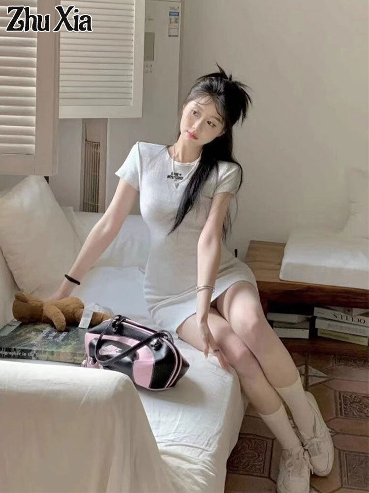 Zhu XIA nữ váy cổ tròn tay ngắn A-line Ngắn váy thêu Đầm kiểu Hàn Quốc