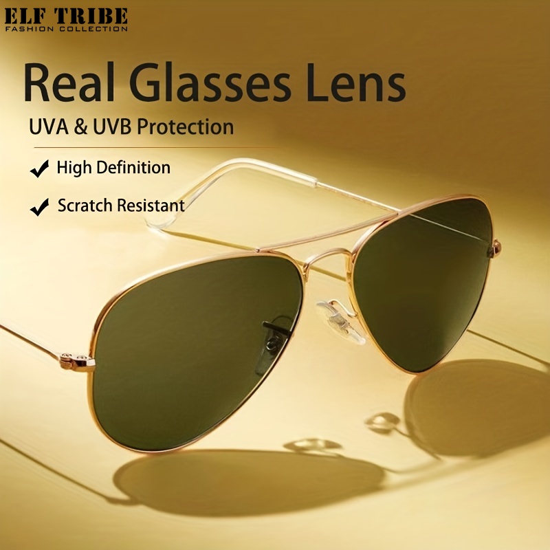 ELF TRIBE Real Glass Lens Aviator Sunglasses for Men, Metal Frame Retro Classic Military Pilot Sunglasses ราคา 293 บาท*ส่งฟรี