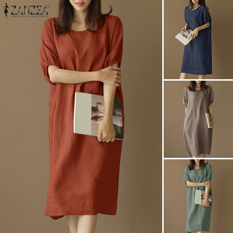 Esolo ZANZEA Đầm Sơ Mi Vải Lanh Cotton Tay Phồng Cổ Điển Cho Nữ Phong Cách Hàn Quốc ĐầM Suông Midi Màu Trơn Dáng Rộng KRS #8