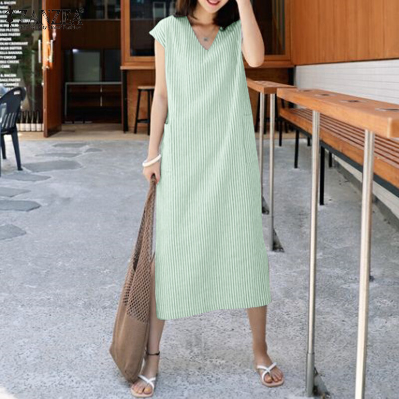 Zanzea đầm midi xẻ gấu đa năng cho nữ đầm xòe in sọc cổ chữ v đi làm #8