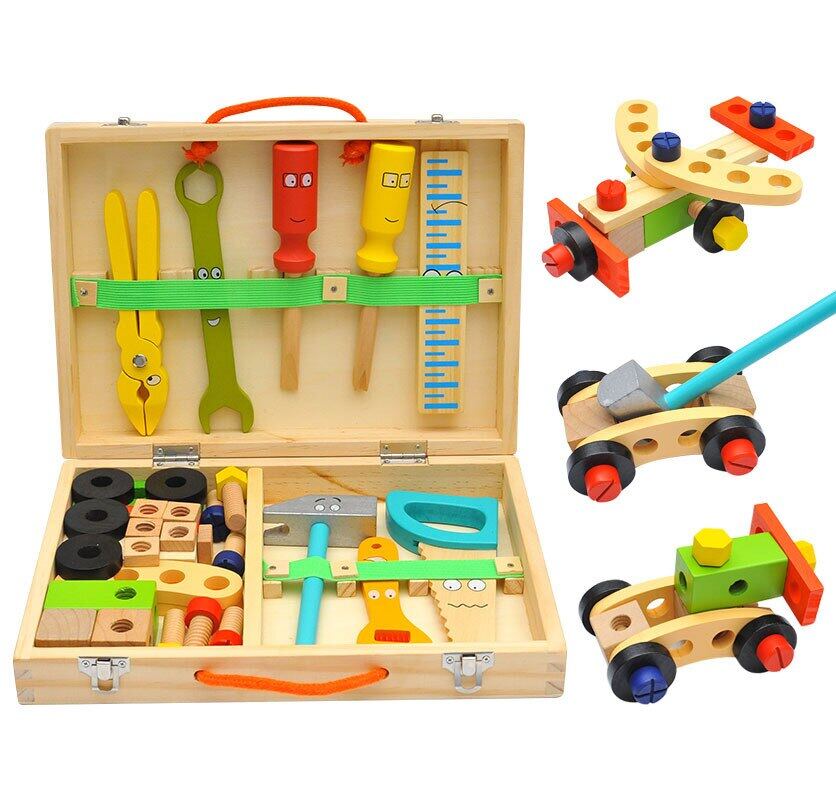 Kids Wooden Toolbox Pretend Play Set Educational Montessori Toys Nut