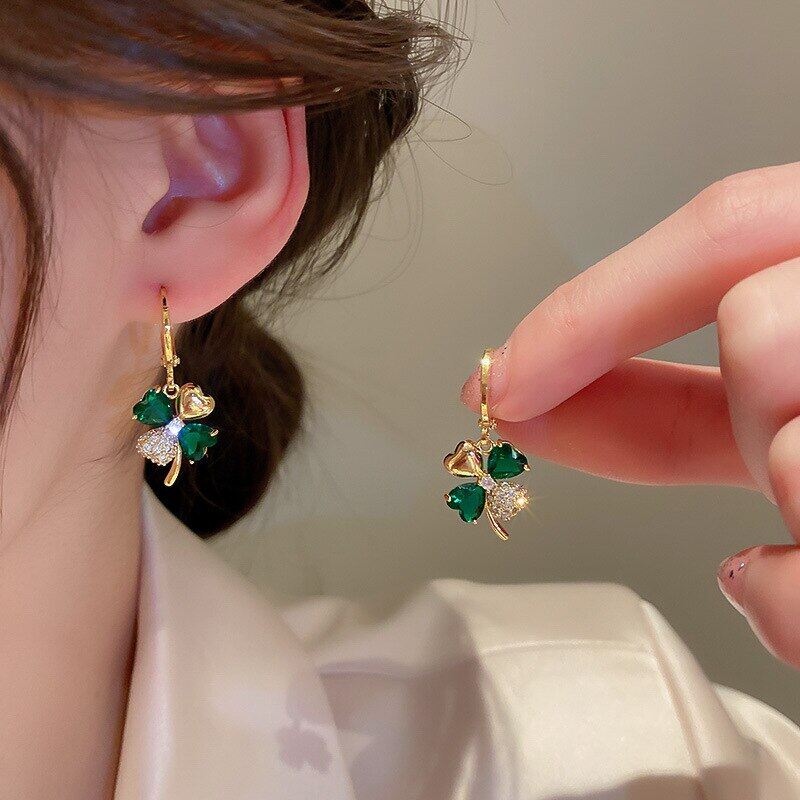 Bông tai hoa pha lê xanh lá kim cương giả vàng 18k cho nữ bông tai thả cỏ bốn lá thời trang nguyên bản quà tặng trang sức