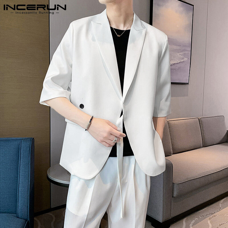 (Phong Cách Hàn Quốc) INCERUN Áo Khoác Blazer Phong Cách Hàn Quốc Tay Áo 3/4 Cho Nam Áo Khoác Hippy Thường Ngày Cho Kỳ Nghỉ Tiệc Tùng, Choàng