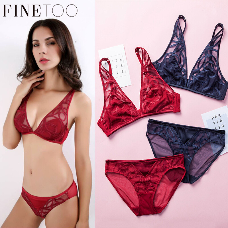 FINETOO Customized VS 2PCS Lace Bra Set Sexy Women Underwear Floral Push Up Brassiere Female Wireless Bralette Sets Briefs Panties Ultra-thin Lingerie Tops