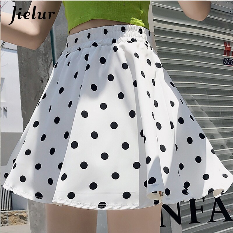 [Z HOT] Jielur Summer Black White Polka Dots Skirt Female Loose Chiffon Women Skirt College Holiday Korean Fashion Short Faldas M-XXL