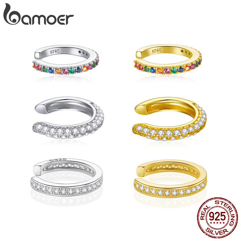 BAMOER Khuyên Tai Đính Đá Zircon Nhiều Màu Sắc Cho Nữ Trang Sức Cưới Bản To Đính Đá CZ Trong Suốt Bằng Bạc Ý 925 Thật Cho Nữ SCE993