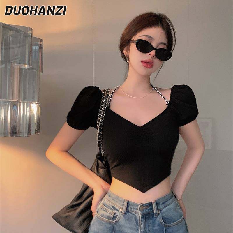 Duohanzi áo thun ngắn tay lưng sau áo thun ngắn tay màu đen lưng đẹp