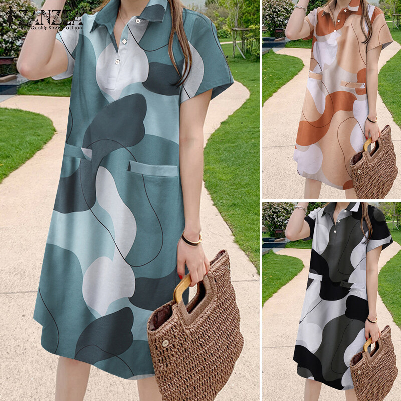 Esolo ZANZEA Korean Style Women Print Short Sleeve Shirt Dress Summer Knee Length Ladies Casual Dresses KRS #7 ราคา 307 บาท*ส่งฟรี