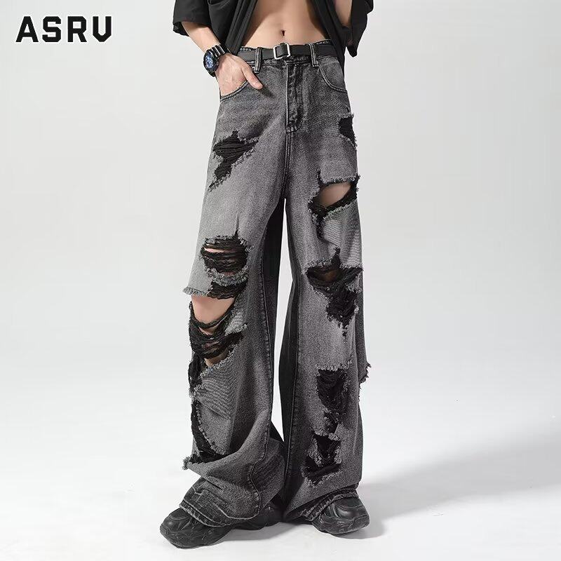 ASRV Hip hop đẹp trai đàn ông và phụ nữ cùng một quần phong cách high Street ripped beggar quần denim Quần jean ống đứng dáng rộng