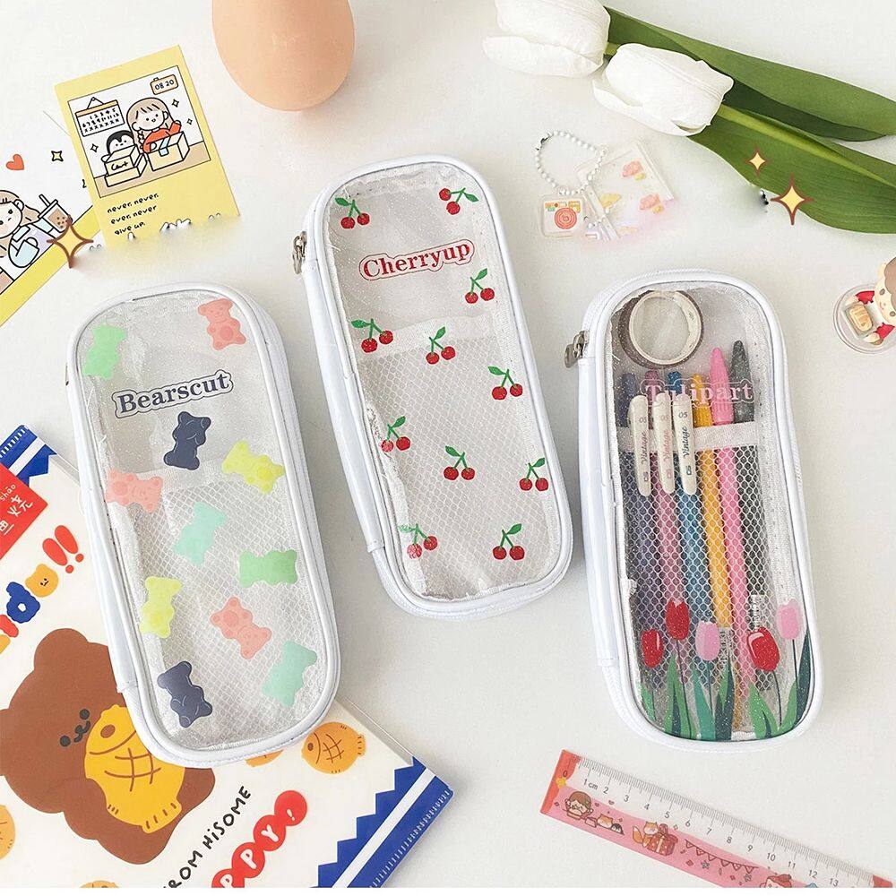 bóp viết túi đựng bút 铅笔盒 笔袋 MMLUCK hộp bút Túi Đựng Bút Dễ Thương Túi Đựng Đồ Văn Phòng Phẩm Trường Học Hình Gấu Anh Đào Lưới Túi Đựng Bút Trong Suốt Túi Đựng Bút Chì Dễ Thương