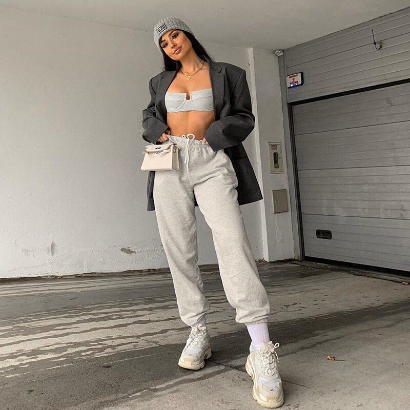 Happybuyner Quần Jogger Nữ Quần Cạp Cao Quần Thể Thao Rộng Thường Ngày Màu Trơn Quần Nỉ Nữ Co Giãn Màu Kẹo Ngọt Quần Thể Thao