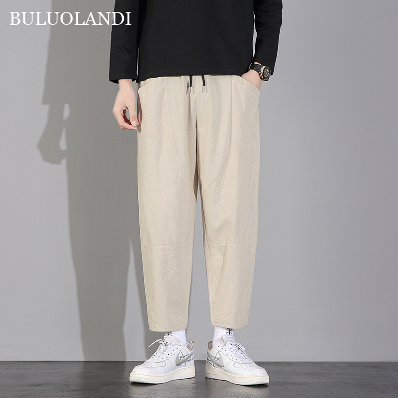 Buluolandi quần thứ chín mùa hè quần thường ngày cho nam quần vải lanh cotton lanh