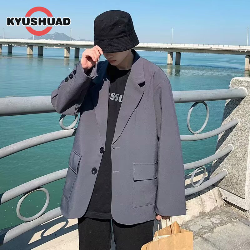 Kyushuad áo blazer nhẹ cho nam áo blazer thường ngày dáng rộng áo khoác một hàng khuy có túi hai mặt
