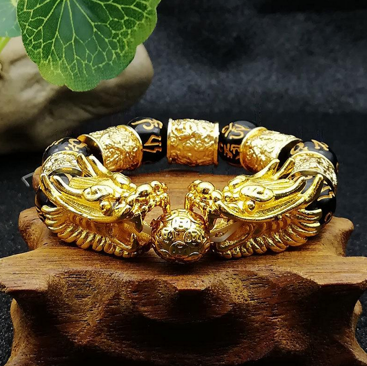 Không phai May Mắn 18K rồng vàng Obsidian Sutra Pha Lê Sự Giàu Có Đính Cườm Người Đàn Ông Vòng Đeo Tay