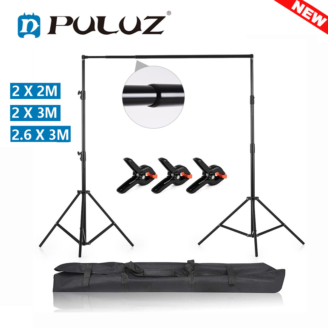 PULUZ 2.6 x 3M / 2 x 3M / 2 x 2M Photo Studio Backdrop Aluminum Alloy Stand Bracket Aluminum Alloy Adjustable Photography Background Support System with Carrying Bag 3pcs Backdrop Clamps for Vlogging Photography Studio Equipment