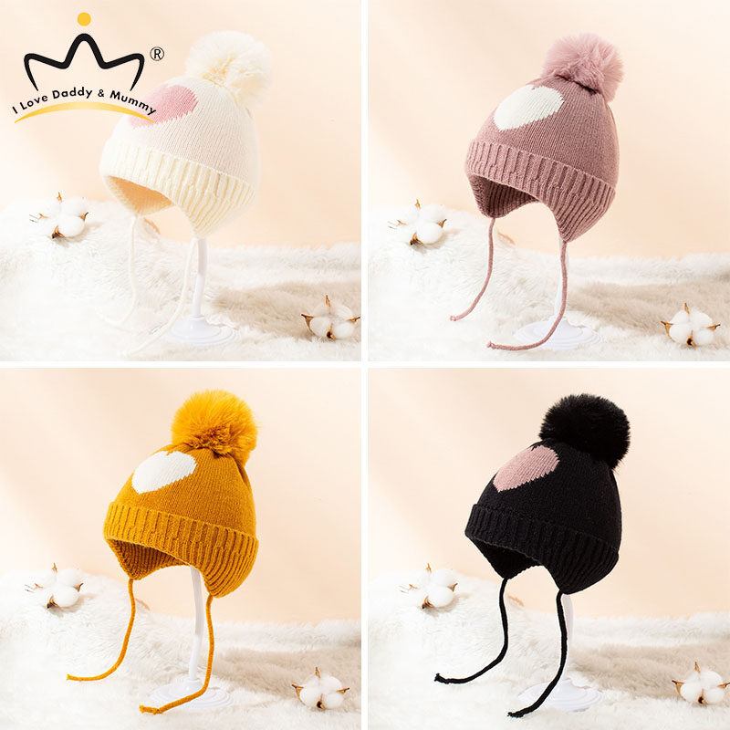 Cartoon Pompom Baby Hat With Heart Print Soft Warm Thick Winter Newborn