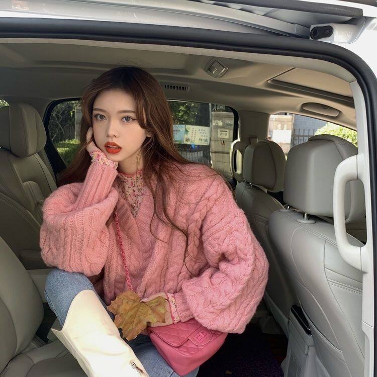 Women's soft blue V-neck sweater 2021 new autumn and winter loose outerwear idle style cable-knit pullover knitwear top