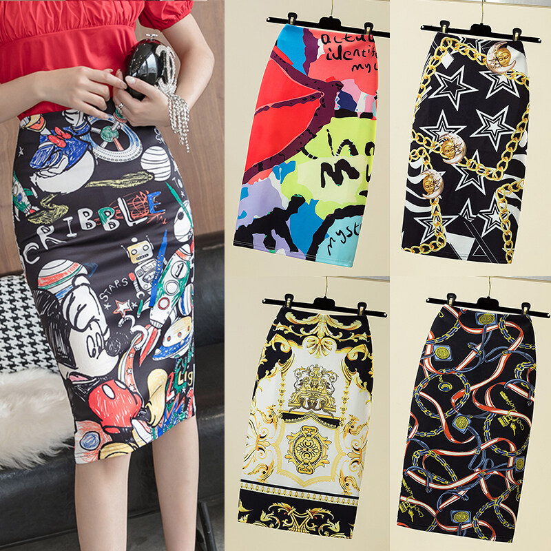 Chứng Khoán Sẵn Sàng Váy Bút Chì Co Giãn Cạp Cao In Hoa Hoạt Hình Thanh Lịch Thời Trang, Trang Phục Công Sở Nữ OL Váy Bút Chì In Hoa Chân Váy Midi Cạp Cao