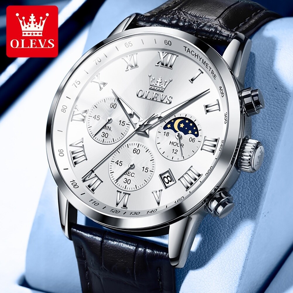 Olevs đồng hồ chính hãng cho nam giới chống nước da nguyên bản với hộp màu đen trăng trắng giai đoạn Chronograph 5529