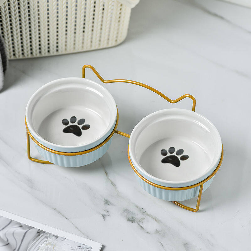 Ceramic Elevated Cat Bowl with Metal Stand Protect Spine Pet Feeder Cute Cartoon Food and Water Feeding Bowls for Cats and Puppy - 2