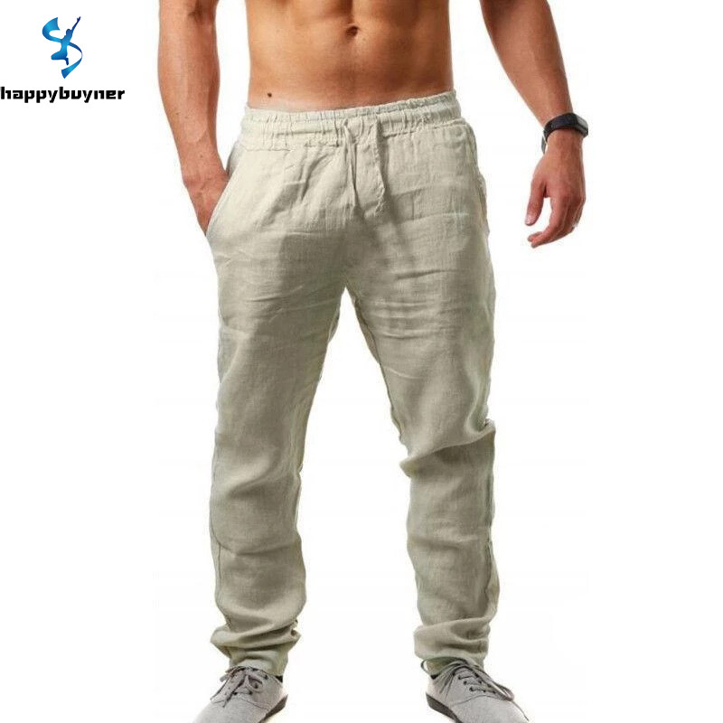 Happybuyner Quần Nỉ Nam Quần Vải Lanh Cotton, Quần Thấm Mồ Hôi Thường Ngày Hip-Hop Thoáng Khí Pantalones Quần Dài Dáng Rộng Eo Co Giãn Màu Trơn