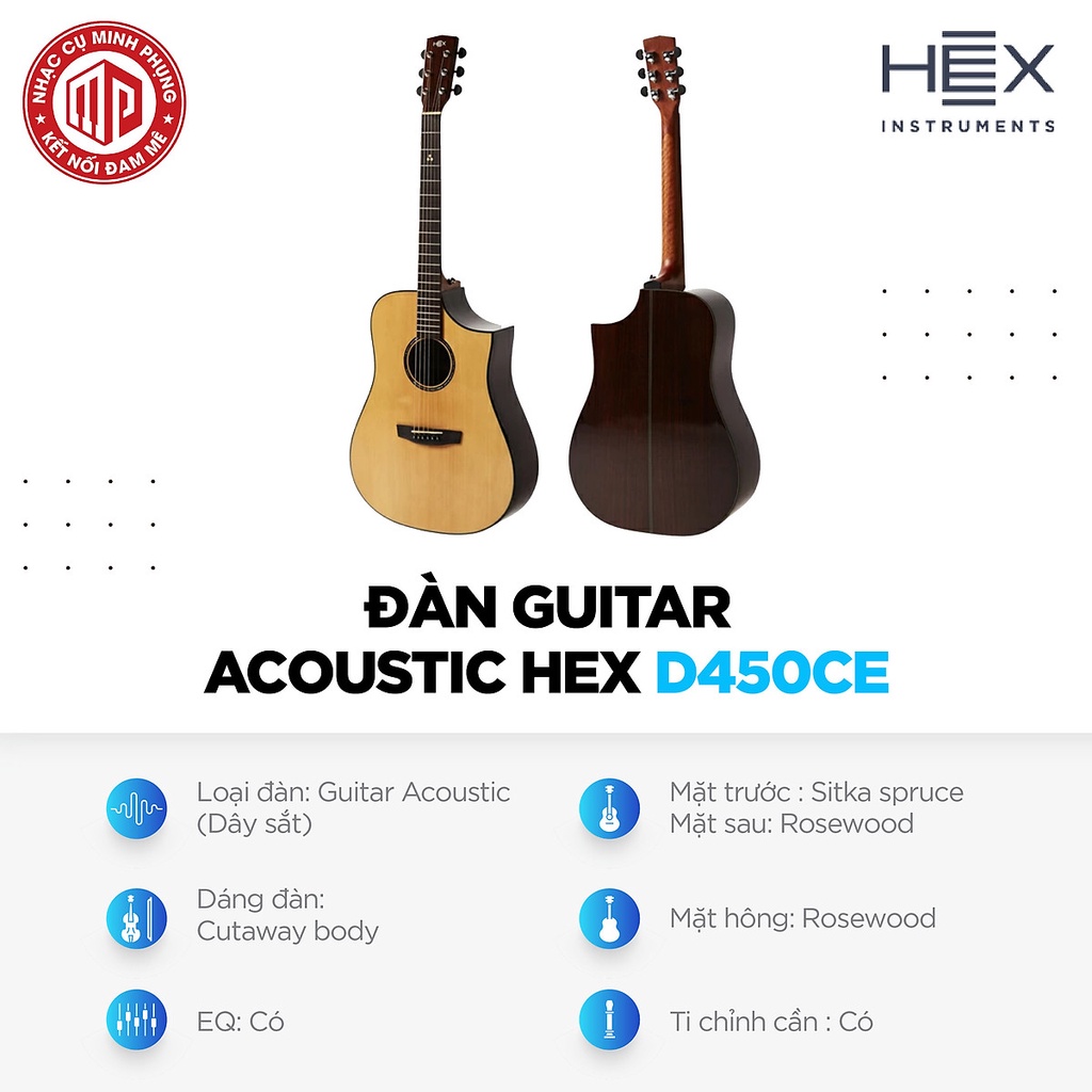 Trọn Bộ Đàn Guitar Acoustic Hex D450CE Hàng chính hãng (Đàn, Bao đàn, Tuner, Dây đàn)