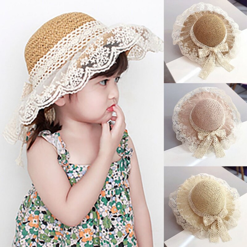 AGbabyสาวฤดูร้อนดอกไม้โบว์หมวกฟางเด็กชายหาดหมวกปีกกว้างโบฮีเมียหมวกหมวกดวงอาทิตย์