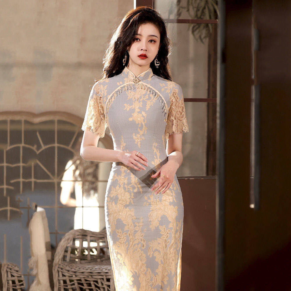 Sườn xám thêu viền ngọc trai ren hàng đầu váy dài retro váy khí chất cho quý cô mới váy ren gợi cảm mặc hàng ngày