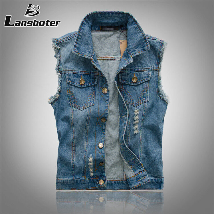 Lansboter Áo khoác Denim rách không tay màu xanh cổ điển kiểu Áo Gilê Denim dáng ôm mới cho nam