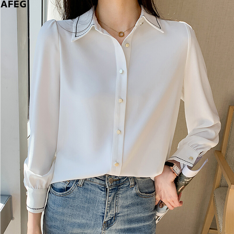 AFEG Phong Cách Mới Áo Hàn Quốc Cổ Áo Thời Trang Phù Hợp Với Tất Cả Áo Voan Dài Tay Cho Nữ