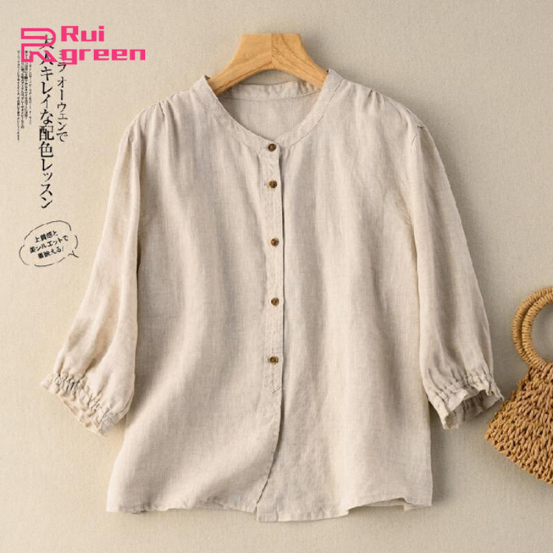 Áo Sơ Mi Nữ Vải Lanh Cotton Cổ Điển Áo Cardigan Cổ Tròn Một Hàng Khuy Áo Cánh Thường Ngày Dáng Rộng Màu Trơn Thanh Lịch Màu Sắc: Màu Be Kích Thước: M