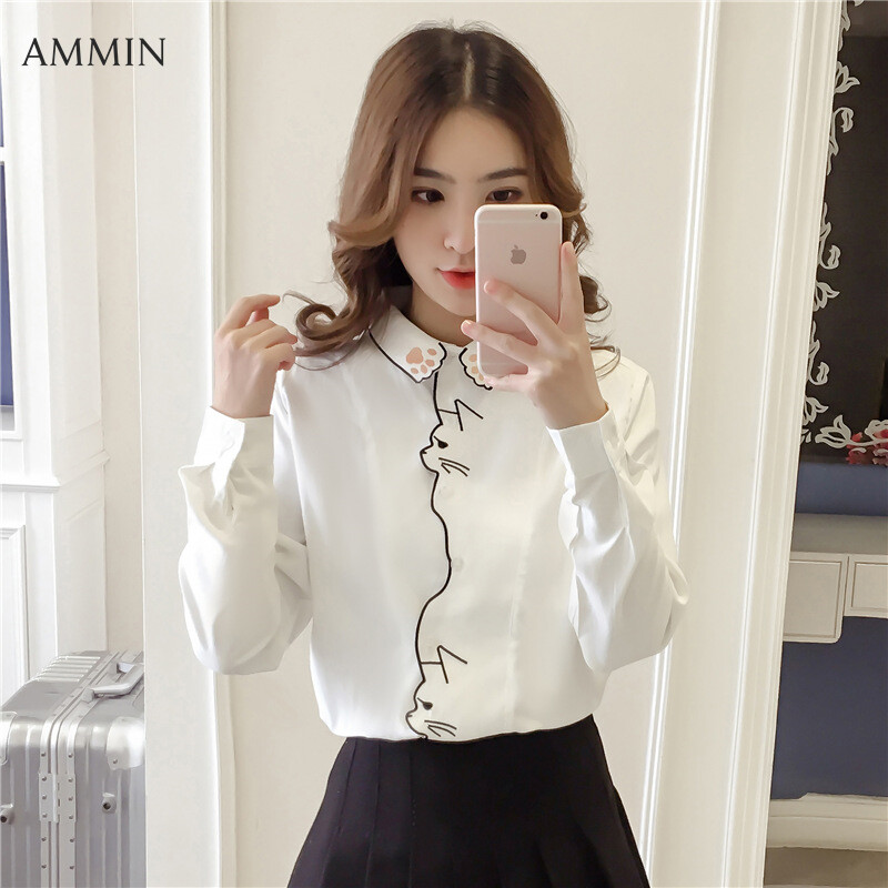AMMIN Áo Voan Trắng Tay Dài Thêu Mèo Dễ Thương Phong Cách Hàn Quốc Mùa Thu 2021 Áo Cánh Nữ Thanh Lịch Phong Cách Đại Học Thời Trang Ve Áo Phong Cách Hàn Quốc Áo Nữ