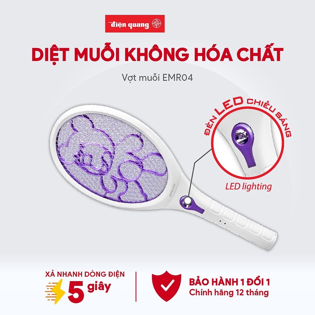 Vợt muỗi điện quang đq emr04 wr - trắng phối tím - lưới thép 3 lớp chống gỉ siêu bền