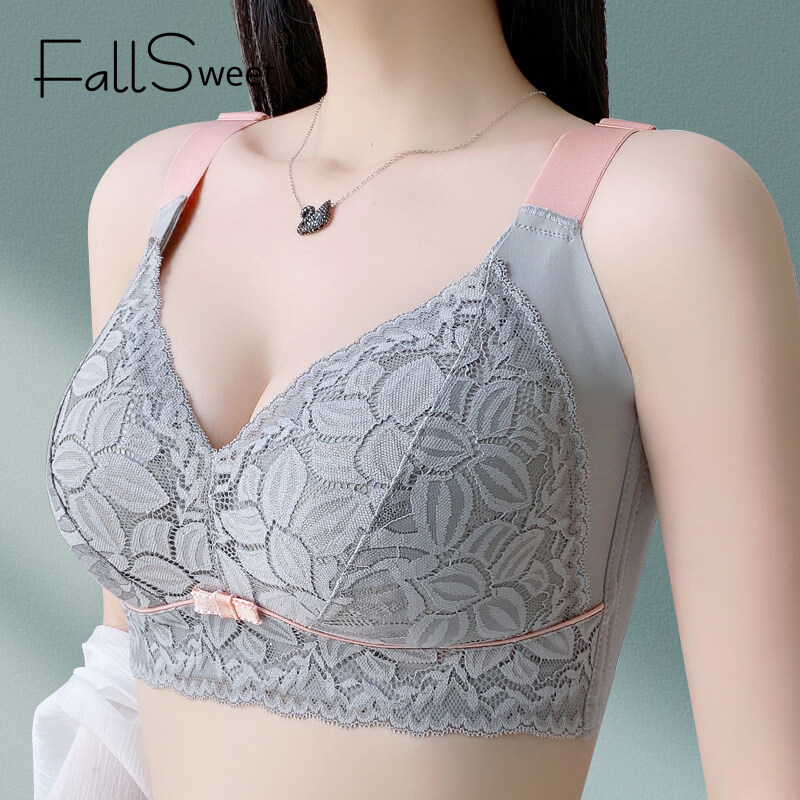 FallSweet Women's Plus Size Bra Minimizer Underwear Wireless Sexy Lace Floral Thin Cup Lingerie