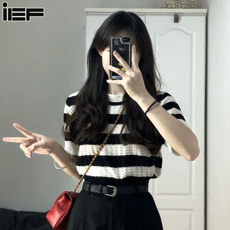 Ief áo len ngắn tay cho nữ áo len sọc áo thun ngắn tay hàn quốc