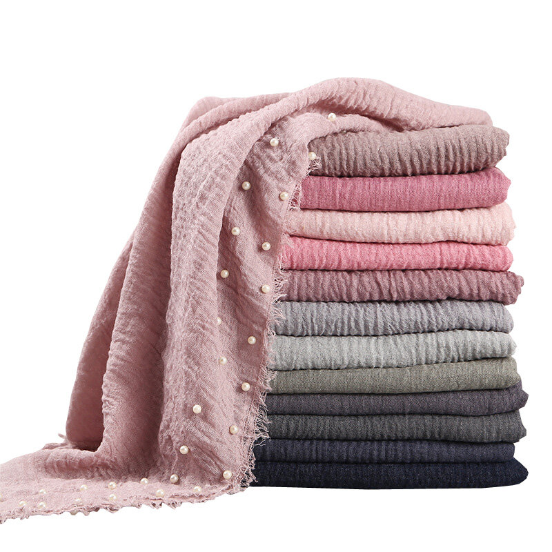 Jifang Khăn Choàng Cotton Ngọc Trai Cho Nữ 55 Màu Khăn Quàng Cổ Xếp Nếp Hồi Giáo Trơn Khăn Trùm Đầu Tua Rua Khăn Quàng Pashmina Dài Khăn Choàng Đầu X 180 Cm WJ153