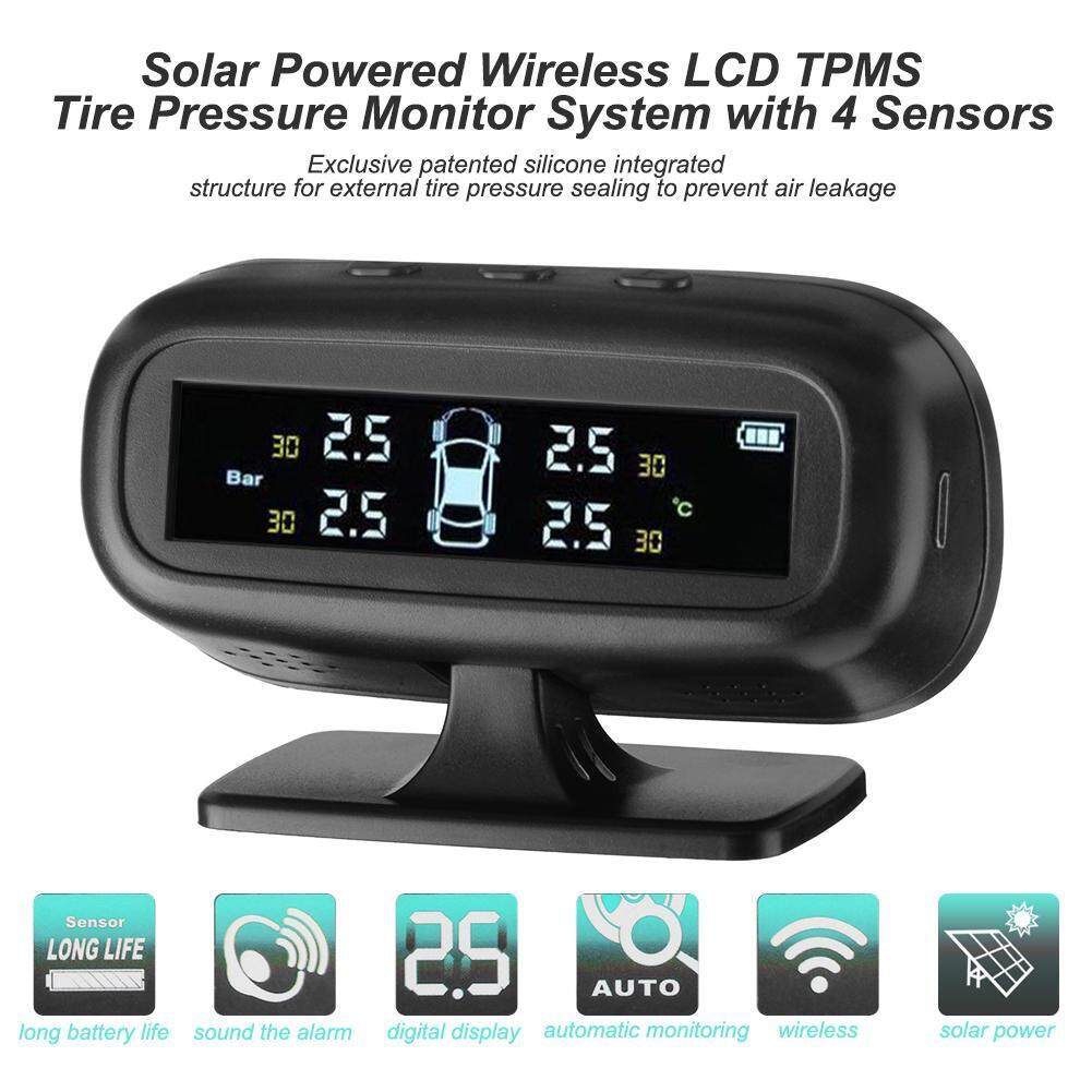 Solar Powered Wireless หน้าจอสี LCD รถแรงดันยาง TMPS เครื่องวัดความดันลมยาง 4 เซ็นเซอร์ Solar Powered Wireless หน้าจอสี LCD รถแรงดันยาง TMPS เครื่องวัดความดันลมยาง 4 เซ็นเซอร์