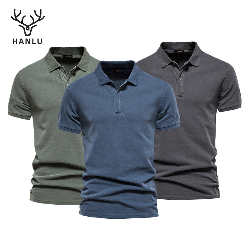 Hanlu Men's POLO shirt Solid Color Casual Men's Tops lapel short sleeves absorb sweat