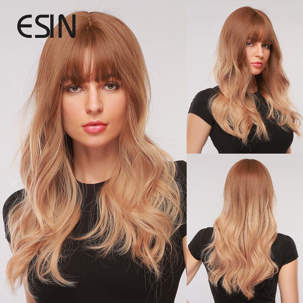 Esin tóc giả tổng hợp tóc giả hóa trang màu nâu ombre đến tóc vàng sóng nước dài với tóc mái lolita sợi nhiệt độ cao miễn phí vận chuyển