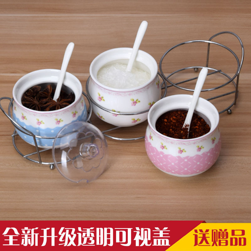 [Easy to use] Kitchen Seasoning Bottle Set with Lid Ceramic Seasoning Jar Spice Jar Combination Home Cruet Glass Salt Jar