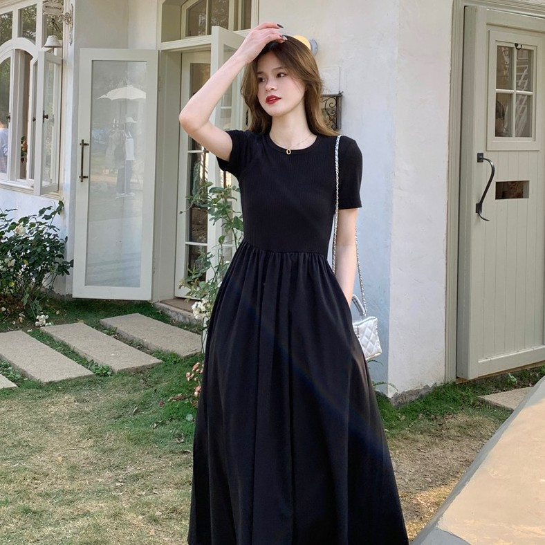 Fox.g màu trơn phong cách hàn quốc cổ tròn đầm thường ngày đơn giản ôm sát tay ngắn váy xòe cho nữ