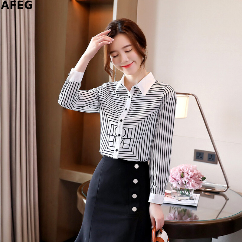 AFEG Cổ Áo Kiểu Hàn Quốc Mới Áo Sơ Mi Dài Tay Vải Voan Kẻ Sọc Phong Cách Thời Trang Đối Với Phụ Nữ