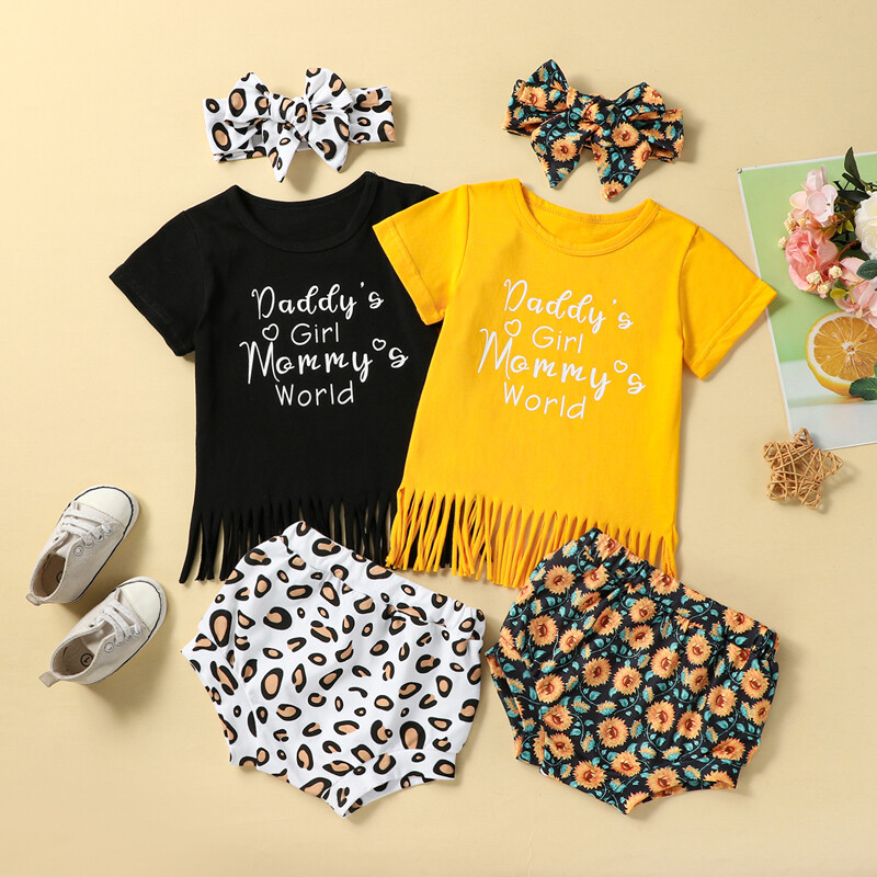 Bé Cô Gái trang phục mùa hè in chữ cái ngắn Tay Tua Rua T-Shirts Leopard/in hoa quần short băng đô 3Pcs Bộ quần áo
