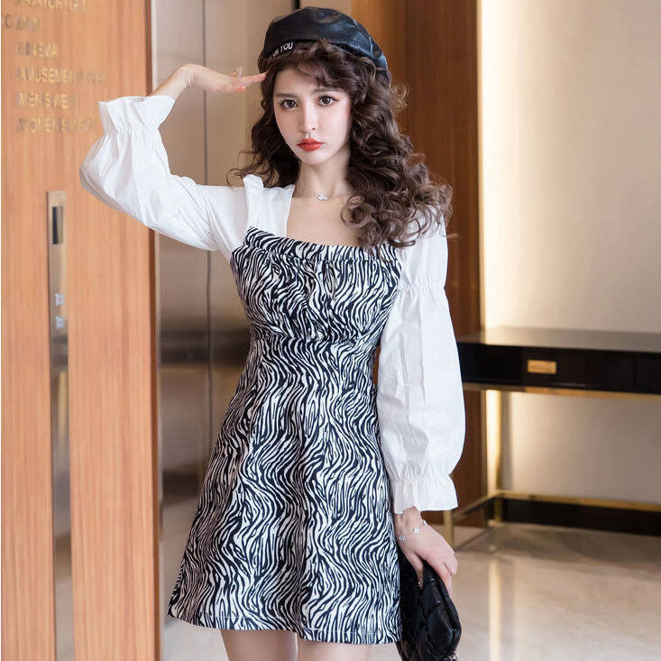 Phụ Nữ Zebra Mẫu Váy Pháp Vuông Cổ Áo Phồng Tay Áo