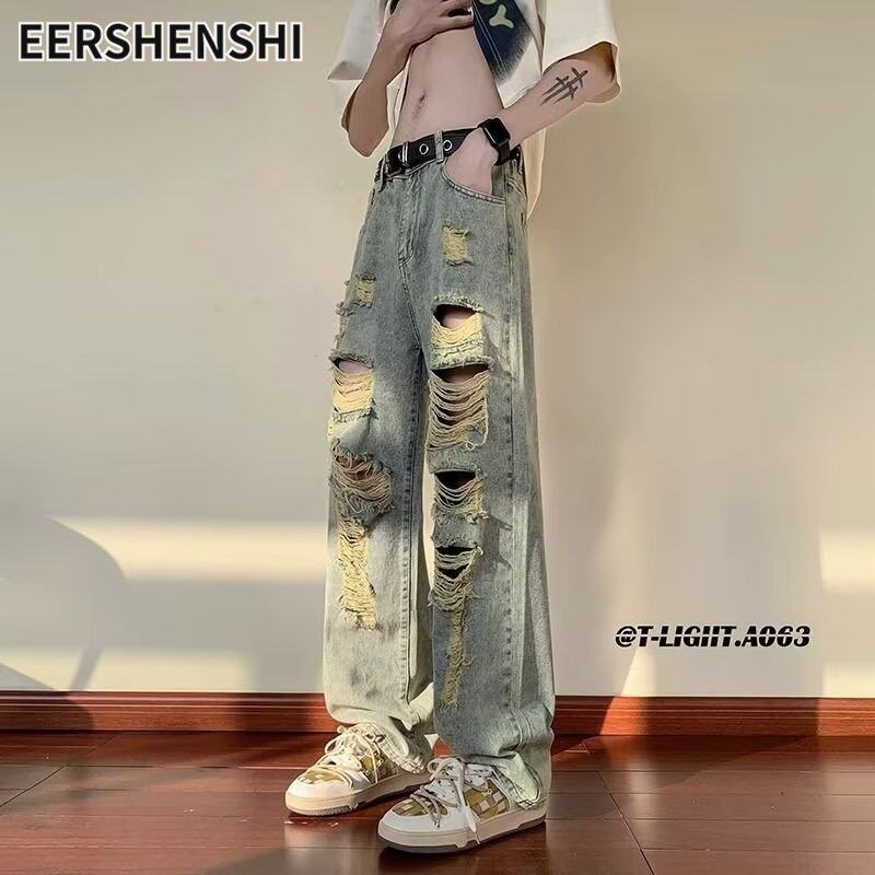 EERSHENSHI quần jeans nam Quần Jean Rách Cổ Điển Mỹ quần ống đứng dáng rộng lau quần rách denim