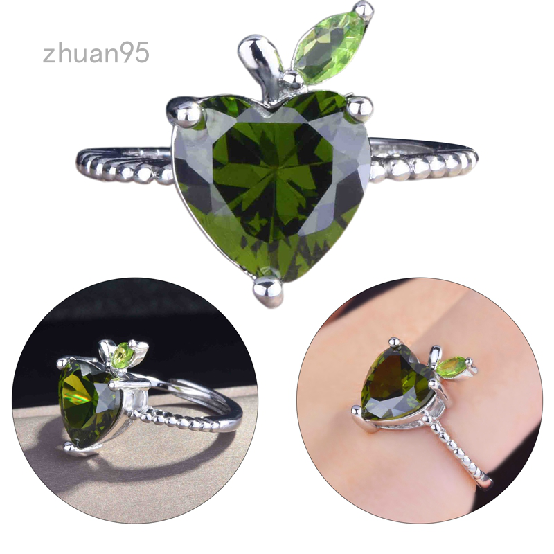 Nhẫn olivin nhân tạo chất lượng cao mới, nhẫn pha lê màu xanh lá táo khảm trái tim tình yêu