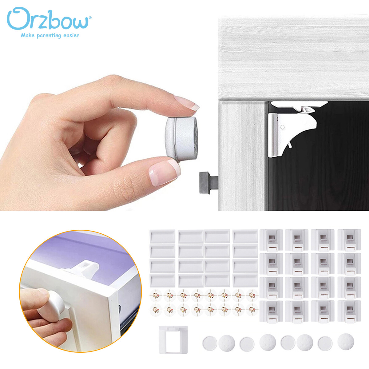 Khóa An Toàn Orzbow Cho Trẻ Em, Khóa An Toàn Ngăn Kéo Cửa Tủ Đồ Trẻ Em 12/16 Khóa + 3/4 Chìa Với Thiết Bị Lắp Đặt Phụ Trợ